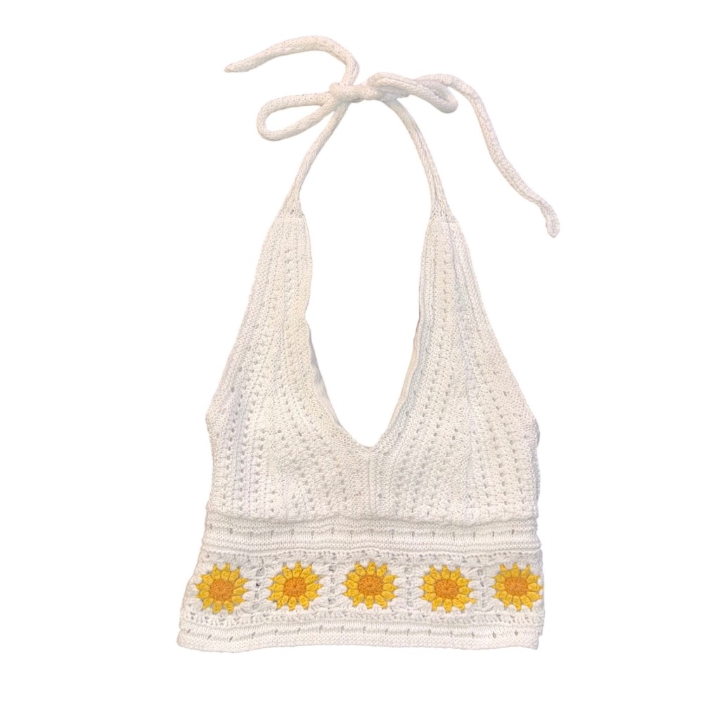 Hollister White Crochet Halter Top Sunflower Boho Festival Knit Small